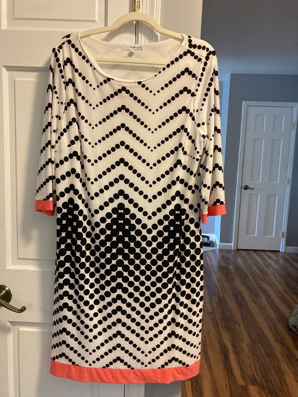 Studio One Black & White Polka Chevron Midi Dress with Coral Trim Size XL